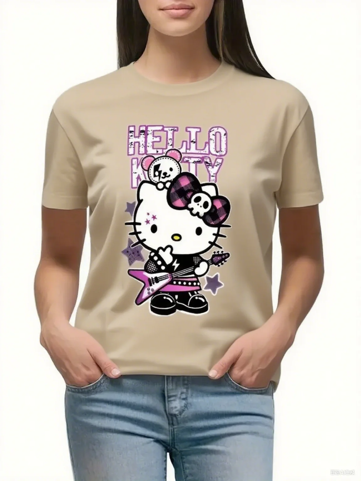 

Casual Cotton T Shirt Featuring Sanrio Hello Kitty Punk Rock Kitty with Guitar and Star Details Print Pure Cotton Comfort