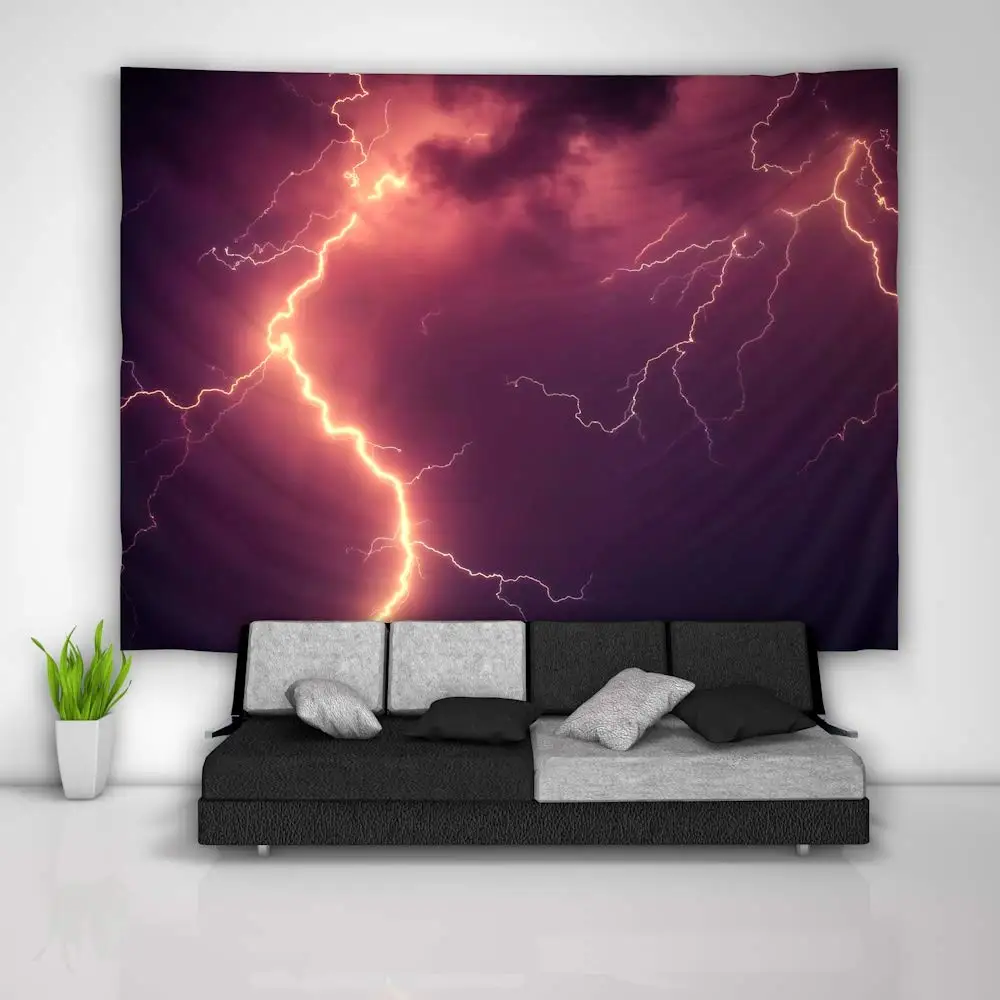 Summer lightning storm weather on rocks in the natural ocean  home living room decoration tapestry