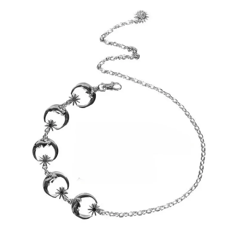 Womens Korean Fashion Belt Hip High Waist Gold Silver Narrow Metal Chain Gothic Moon Silver Pendant Vintage High Waist Chains