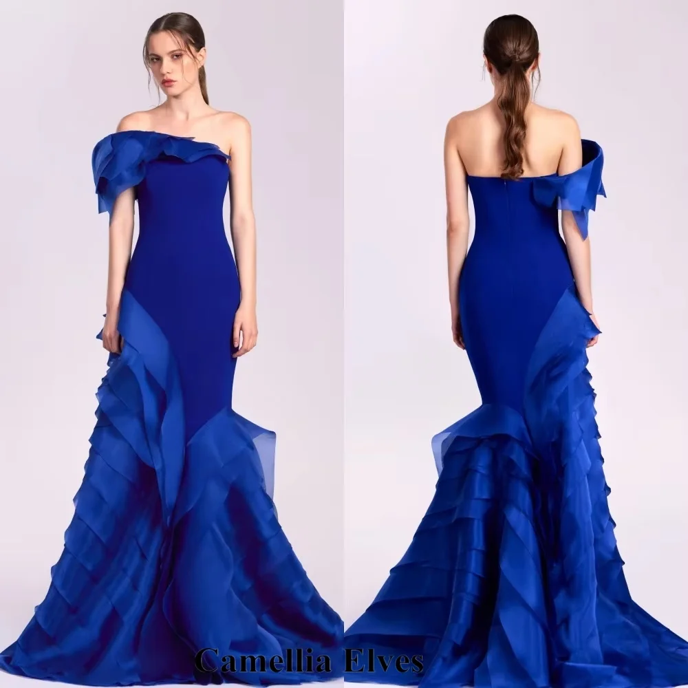 

Customized Exquisite One Shoulder Mermaid Zipper Evening Dress Charming Ruched Prom Dress Sleeveless Party Gown вечернее платье