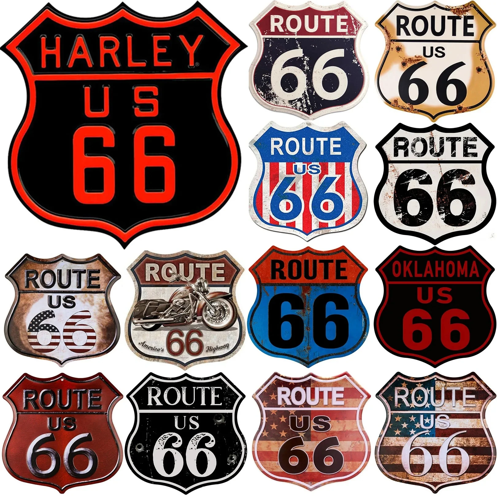 Route 66 American Dreams Shield Metal Tin Signs Posters Plate Wall Decor for Garage Bars Man Cave Cafe Clubs Home Retro Posters