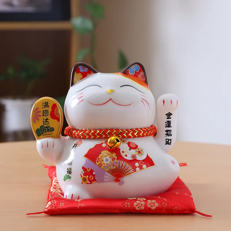 5 inch Ceramic Fortune Cat Waving Hand Lucky Cat Plutus Cat Battery Powered Feng Shui Maneki Neko Best Gift Home Decoration