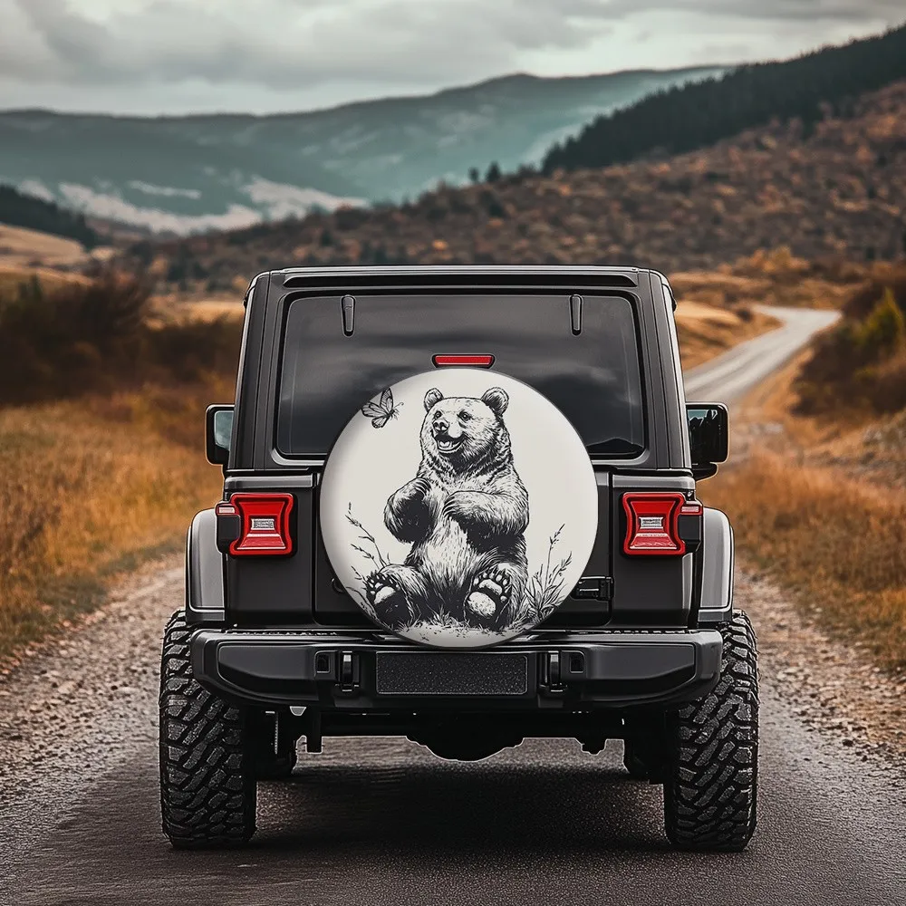 

Sitting Bear And Butterfly Tire Cover Artistic Outdoor Protection For Jeep SUV Truck Accessories
