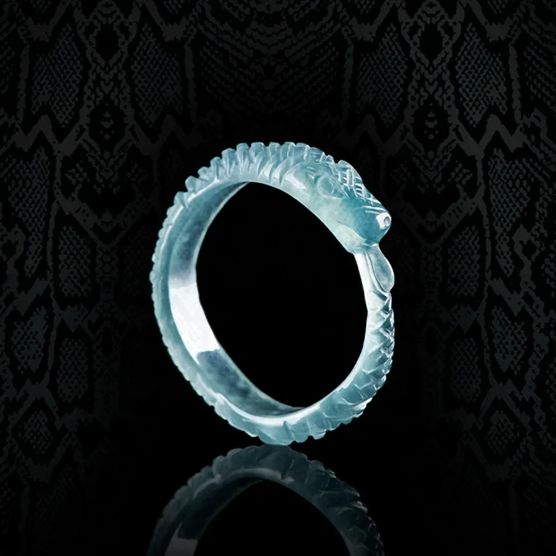 Jiale/Natural A-grade Jade Blue Water Spirit Snake Three-dimensional Carved Ice Ring Personalized Men and Women Fashionista Gift