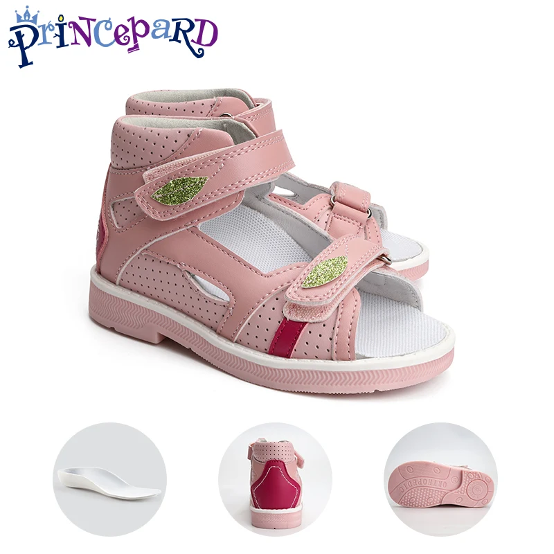 Children Orthopedic Shoes for Girls Summer Kids Leather Open Toe Sandals with Ankle Support Pink Low Top Hollow with Leaf Design