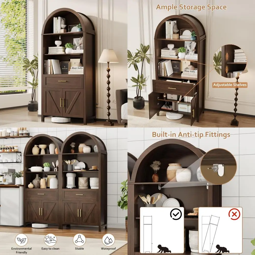 tall arched bookcase cabinet with drawer, 70.8