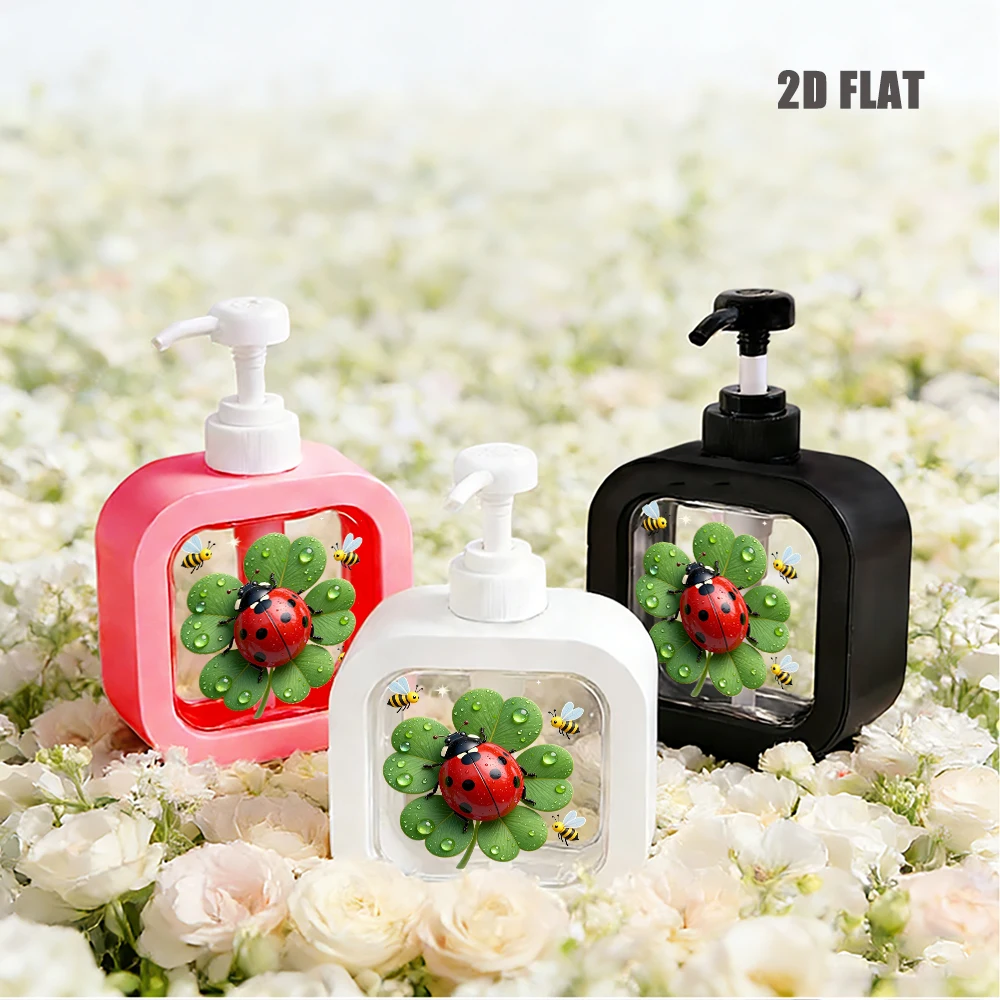 Fresh Nature Style Soap Dispenser Ladybug Four‑Leaf Clover Bee Dew Drop Print Pattern for Bathroom Kitchen Home Decor Daily Use