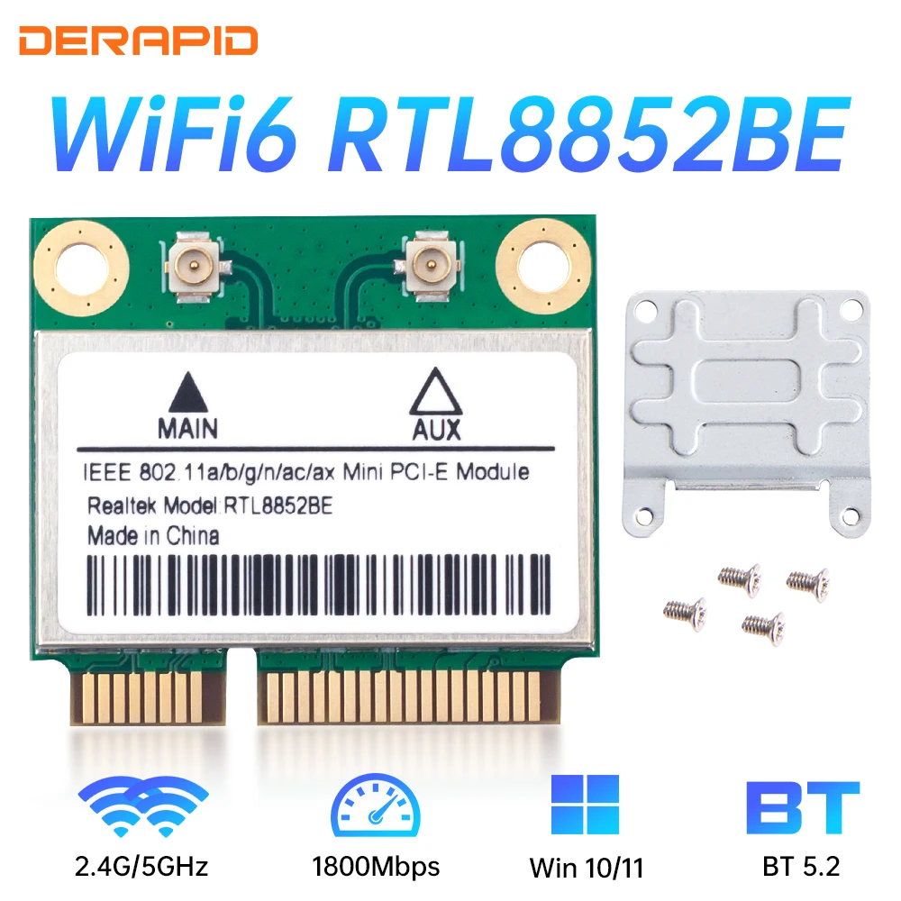 

RTL8852BE Сетевая карта Wi-Fi 6 1800 Мбит/с BT 5,2 Двухдиапазонная беспроводная миниPCIe 802.11ax/ac 2,4G/5 ГГц MU-MIMO для Windows 10 PCIe