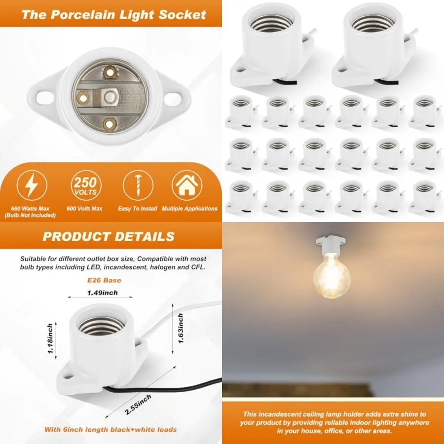

Pcs E Light Socket Porcelain Lamp Holder Socket Medium Keyless Threaded Base with Two Hole Flange Mounting and"Wire Indoor Gara