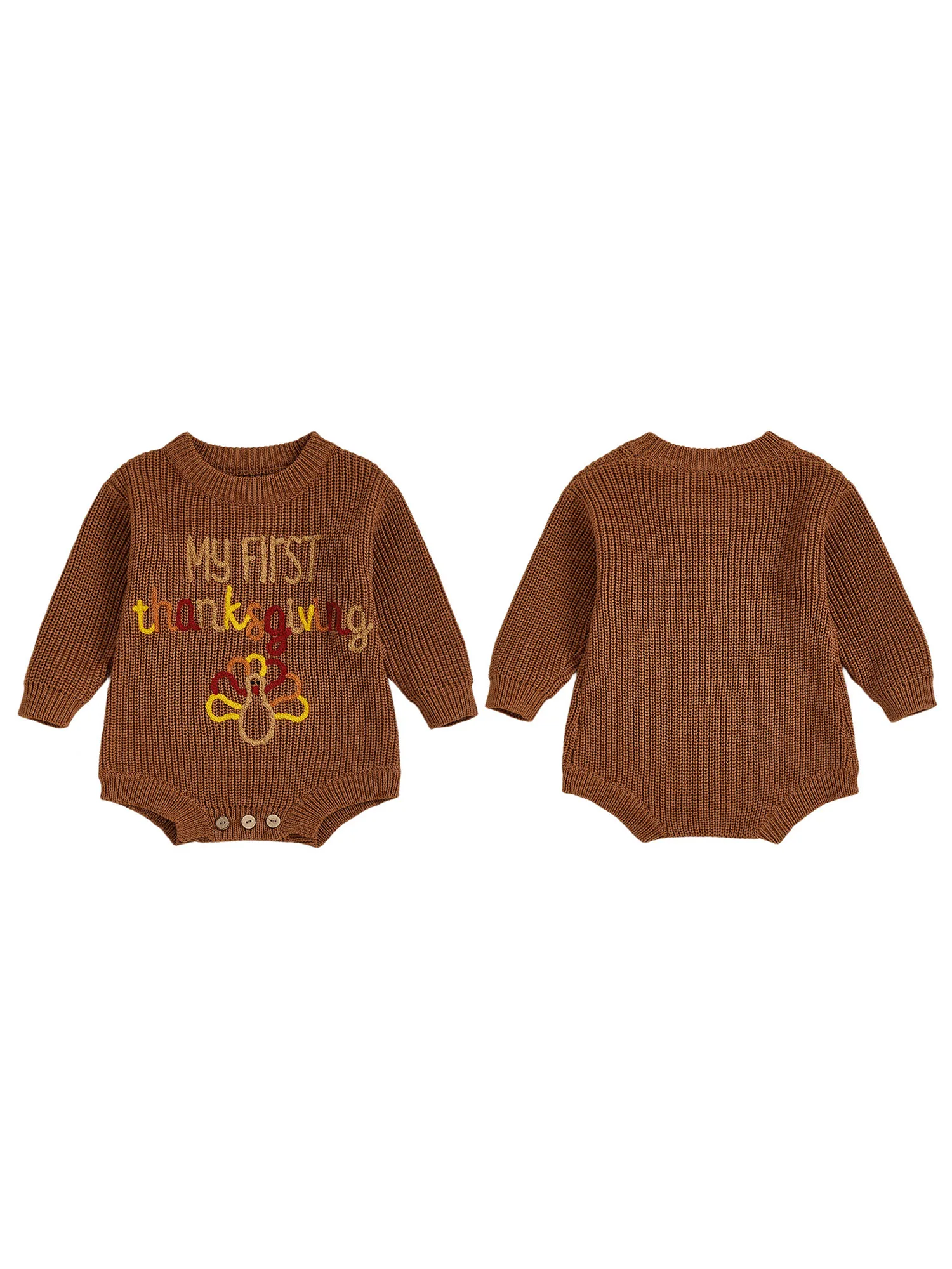

Adorable Infant Thanksgiving Turkey Embroidered Round Neck Long Sleeve Romper with Stylish Letter Detail Jumpsuit for Babies