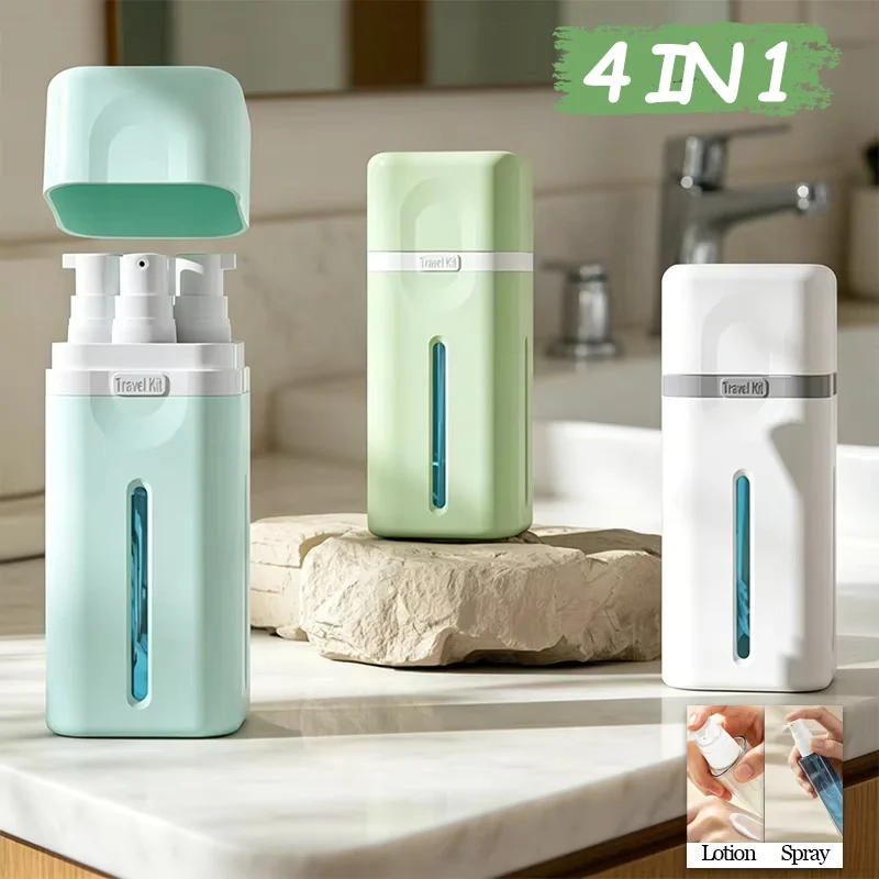 4 in 1 Travel Dispenser Bottle, Travel Bottles for Toiletries, Refillable, Leak Proof, Portable, for Travel, Camping, Business