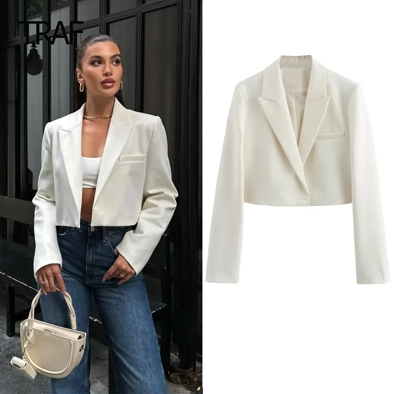 

TRAF Women's Blazer Tailoring Spring Summer 2024 Cropped White Blazers V-Neck Long Sleeves Top Fashion Office Wear Professional