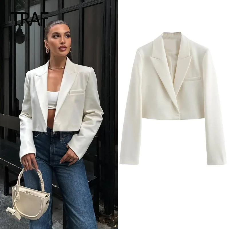 TRAF Women\'s Blazer Tailoring Spring Summer 2024 Cropped White Blazers V-Neck Long Sleeves Top Fashion Office Wear Professional