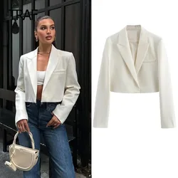 TRAF Women's Blazer Tailoring Spring Summer 2024 Cropped White Blazers V-Neck Long Sleeves Top Fashion Office Wear Professional