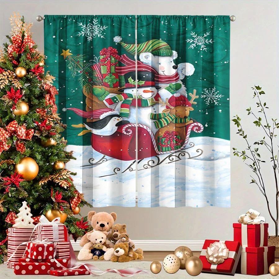 2PCS Christmas Winter Curtains, Animal Sleigh Snowman Bear Reindeer Penguin, Digital Print, Bedroom Living Room, Home Decor