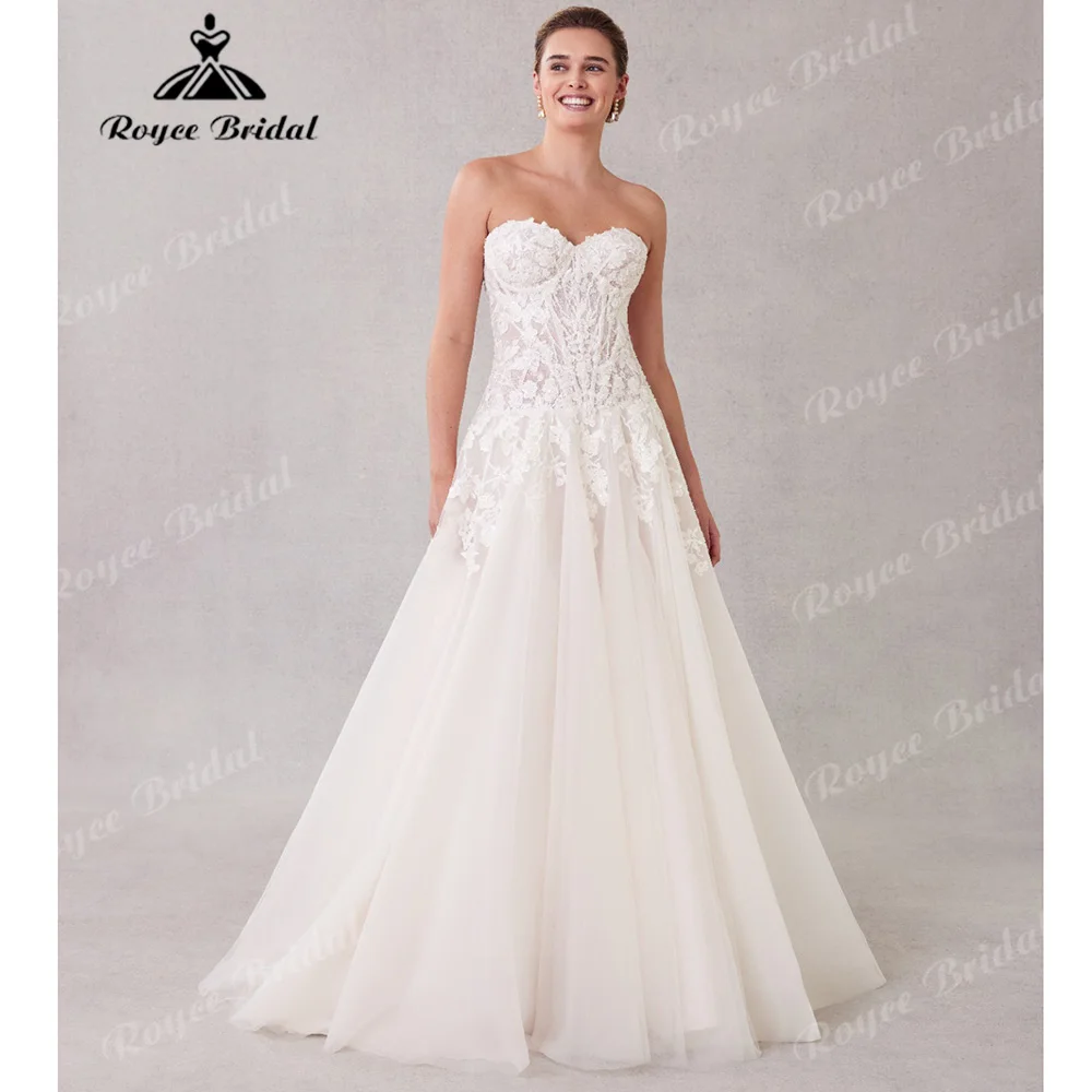 2027 Sweetheart Strapless A Line Wedding Dress Sheer Lace Corset Bodice 3D Floral Tulle Vestido De Novia Chapel Train Customized