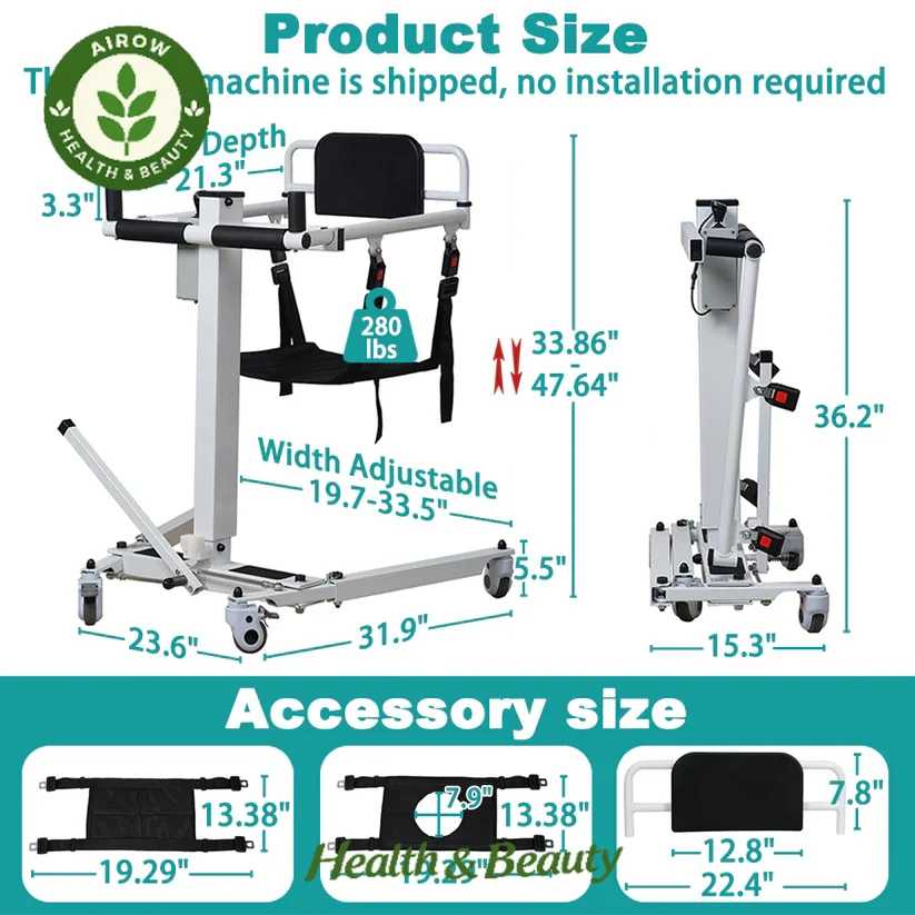 AIROW Easy Mobility Transport Wheelchair Car Lifts  Foldable Transfer Patient Chair with Durable Sling to Vehicle