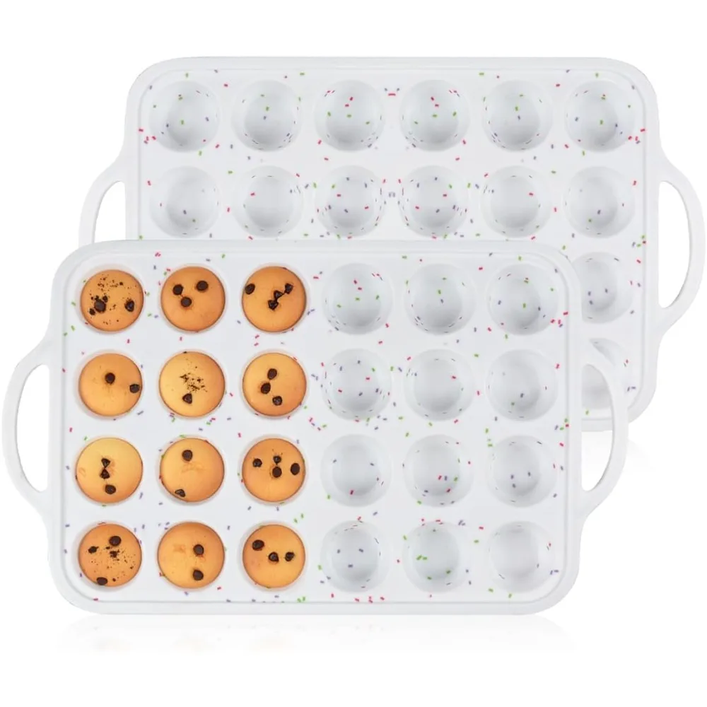 Mini Muffin Pan, Metal Reinforced Frame Mini Cupcake Pans 24 Cups Nonstick Muffin Silicone Molds with Handle for Baking Muffins, Cupcakes, Egg Bites 2 Pack