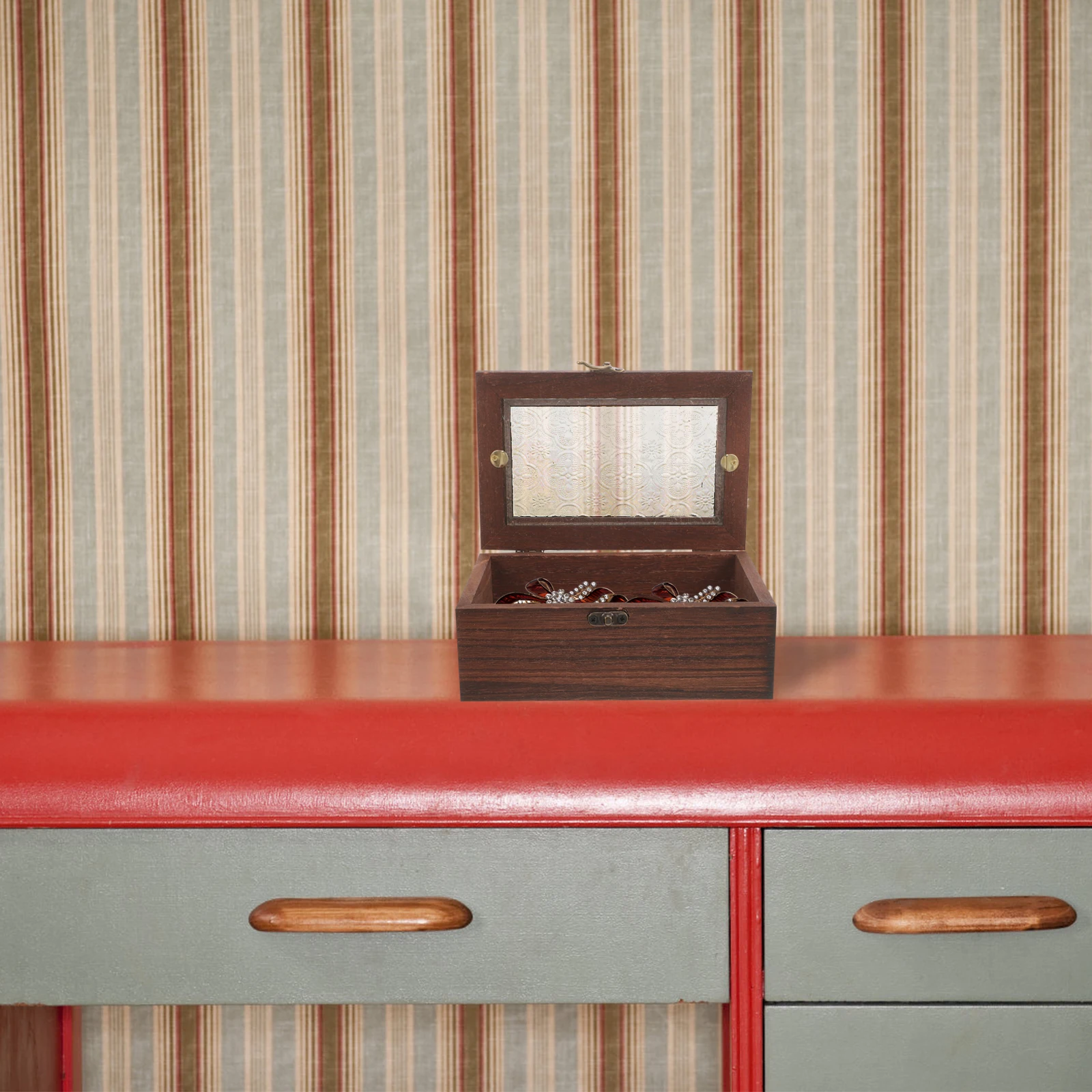 

Vintage Wooden Jewelry Box Storage Case Clear Lid Rustic Trinket Organizer Jewelry Container Trinket Box