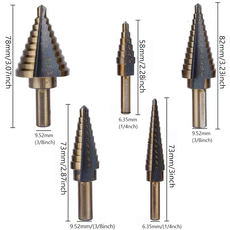 5pcs HSS Metric/Inch Cobalt Step Drill Bit Set Multiple Hole 50 Sizes Case High Speed Steel Metal Drilling Tool for Metal Wood