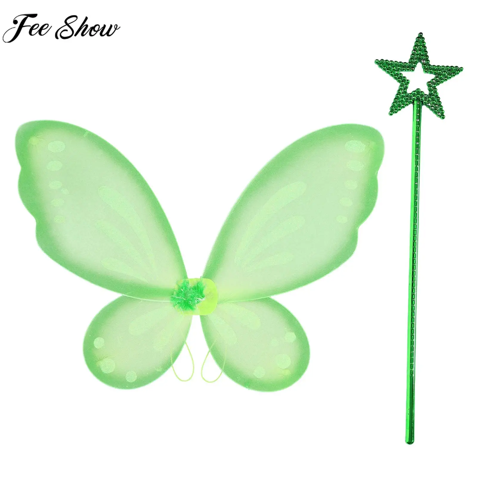 Girls Butterfly Elf Cosplay Costume Prop Elastic Shoulder Straps Wings with Star Fairy Stick for Halloween Party Photography