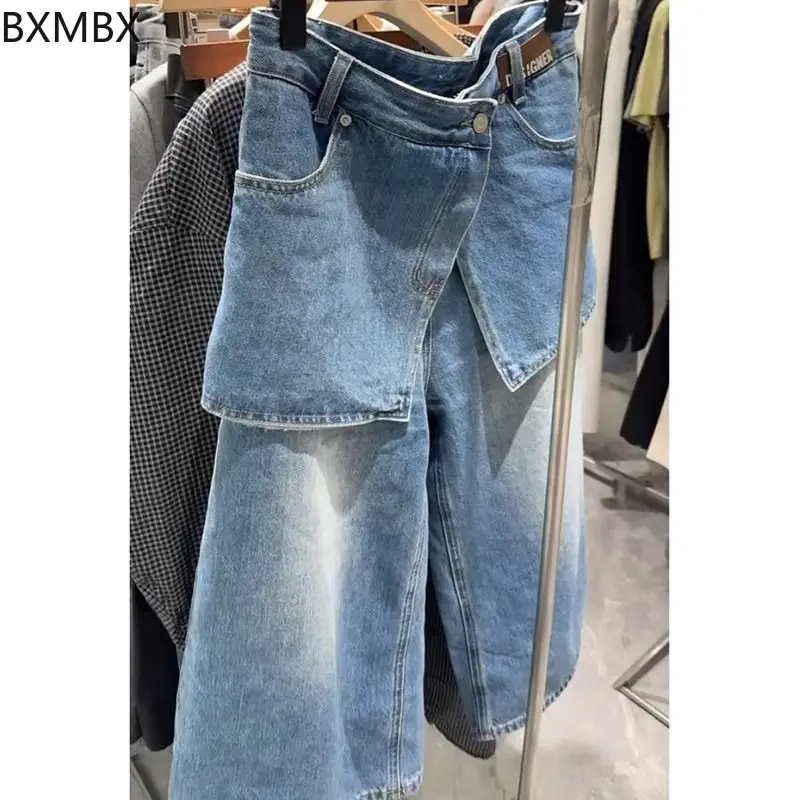 retro blue fake two-piece jeans women's summer fat mm loose high waist and thin straight wide-leg cropped pants