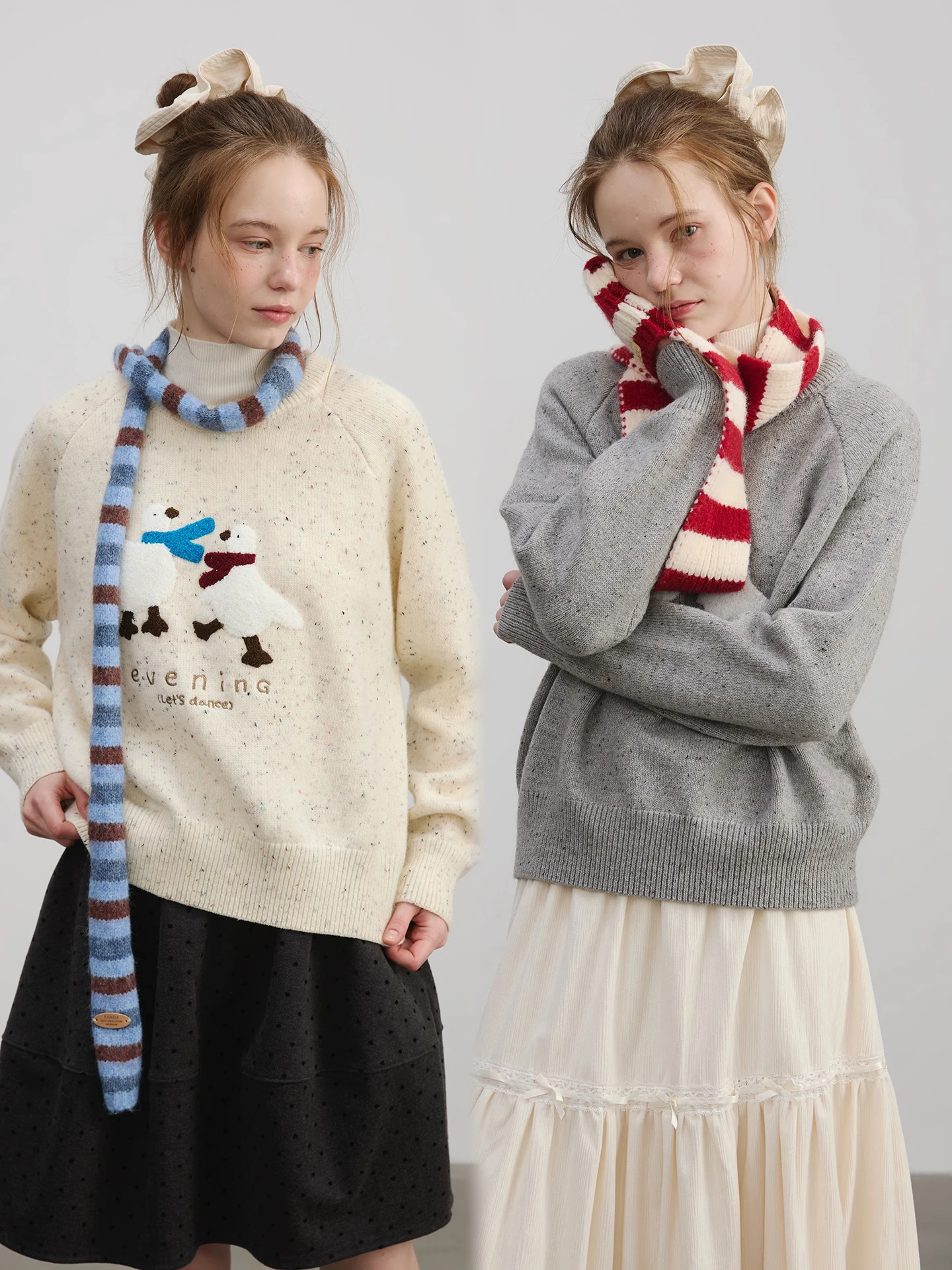 

Милый мультяшный зимний вязаный свитер с круглым вырезом, двухцветный, из пряжи в горошек, смесь полиэстера, нейлона, акрила и шерсти, с длинными рукавами, женский топ