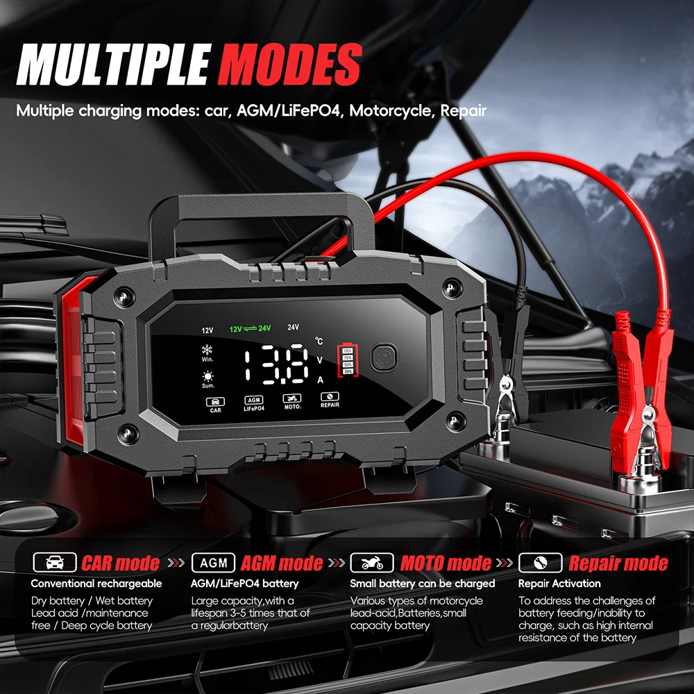 FOXSUR 12V 24V FPT100 FPT200 Nabíječka autobaterií pro motocykly a nákladní automobily, opravy olověných/kyselinových AGM LiFePo4 EFB gelových baterií s mokrým nabíjením - náhled 4