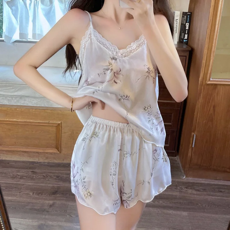 アイスシルクストラップスリープウェアセット女性用夏セクシー薄手ホームウェアVネックショートパンツホームレジャースーツポリエステル繊維プリントP... 1