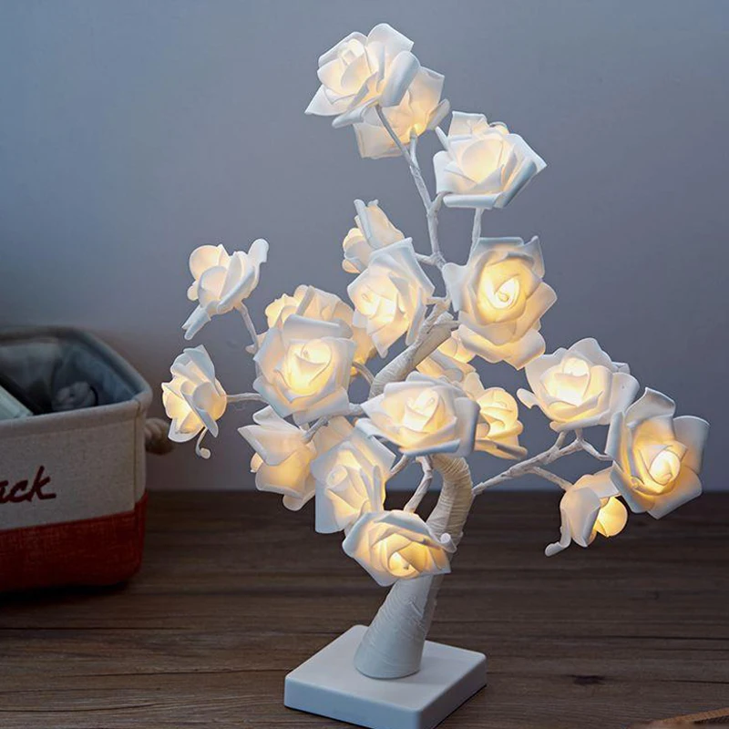 Rose Blossom Tree Night Light LED Lighted Tabletop Artificial Flower Bonsai Tree Lamp USB Gifts for Christmas Home Decor