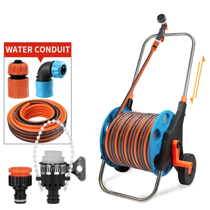 Garden Hand-Crank Hose Cart with Car Wash Spray Gun 40M/50M Set with Hose Reel for Home Use Watering Flowers and Houseplants