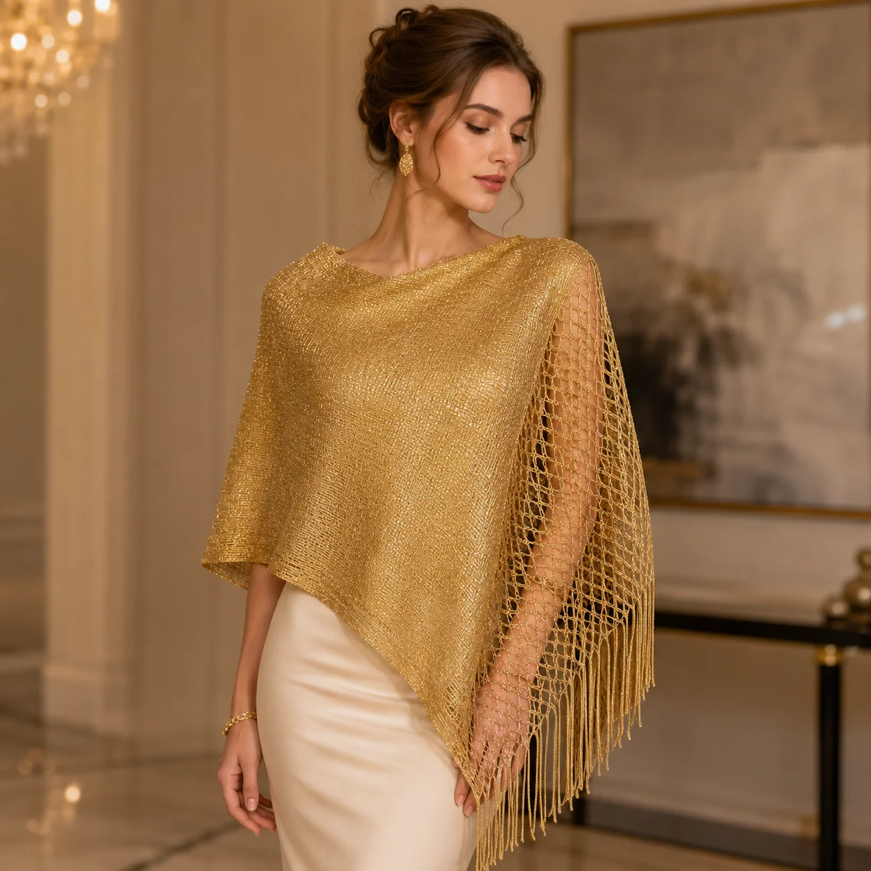 Elegant Mesh Tassel Hollow Knitted Shawl for Women Gold Silver Thread Dresses Shawls Outerwear Fashion Outdoor Wear Dinner Party