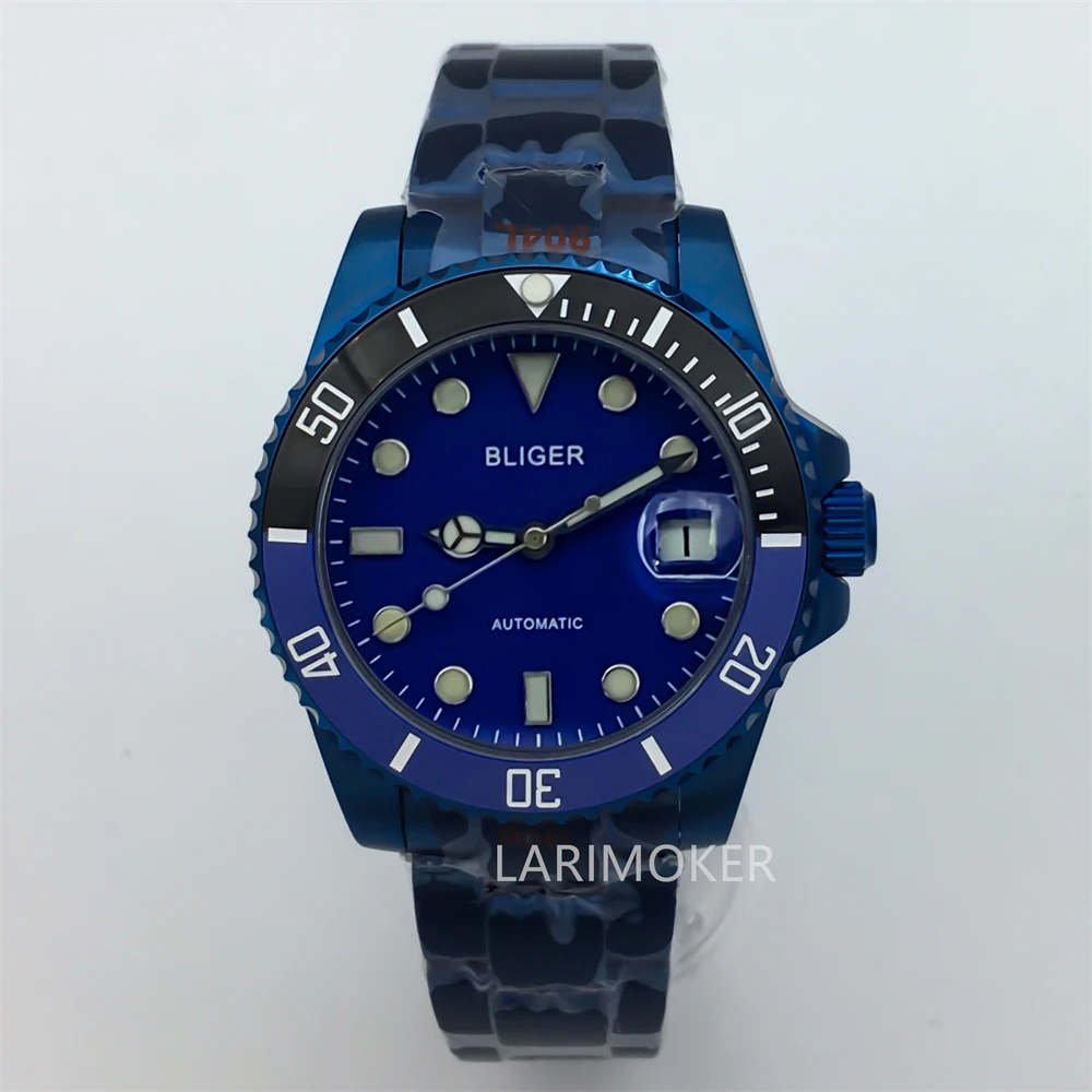 Reloj de buceo galvanizado para hombre, pulsera de acero inoxidable, cristal de zafiro, movimiento automático, correa de goma, caja azul, NH35, 40mm