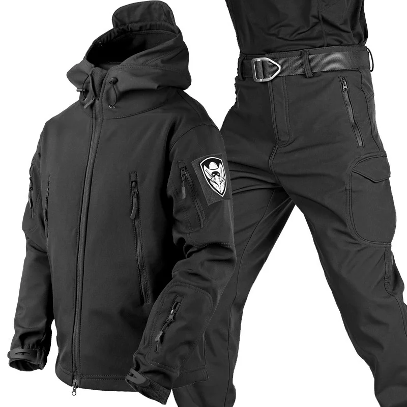 Tactical Softshell Camouflage Jacket Set Men Camping Windbreaker Waterproof Hiking Clothes Set Fleece Outdoors Jacket