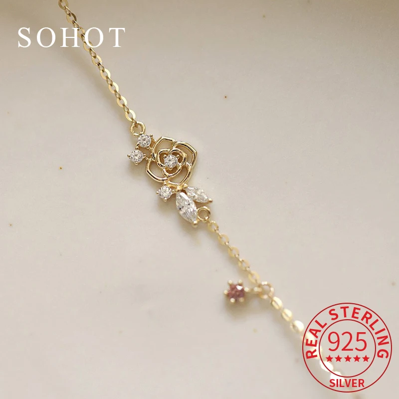

Real 925 Sterling Silver 14K Gold Hollow Flower Charm Bracelet For Elegant Women Trendy Fine Jewelry Light Luxury ccessories