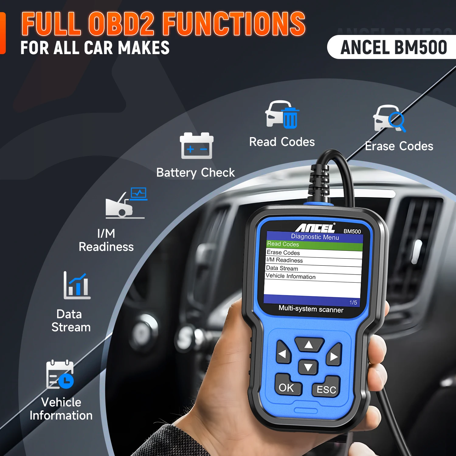 ANCEL BM500 Full System OBD2 Scanner for E93 E65 Airbag EPB SAS TPMS Reset OBD 2 Diagnostic Multi-language Car Diagnostic Tool