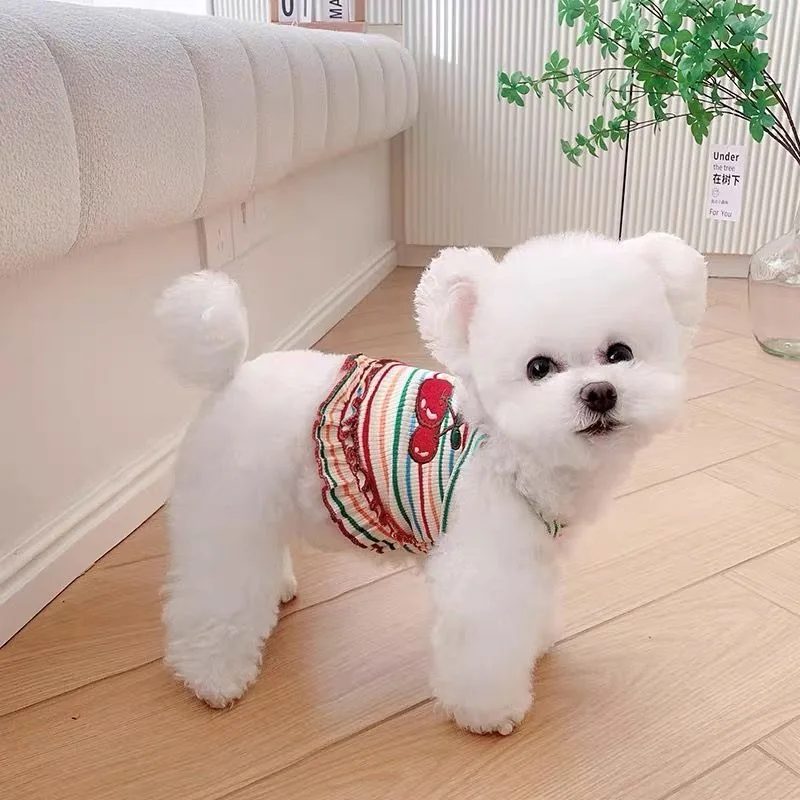 

Rainbow Striped Pet Sling Teddy Bichon Frise Summer Clothes Maltese Thin Cherry Embroidered Vest Pretty Dog Clothes