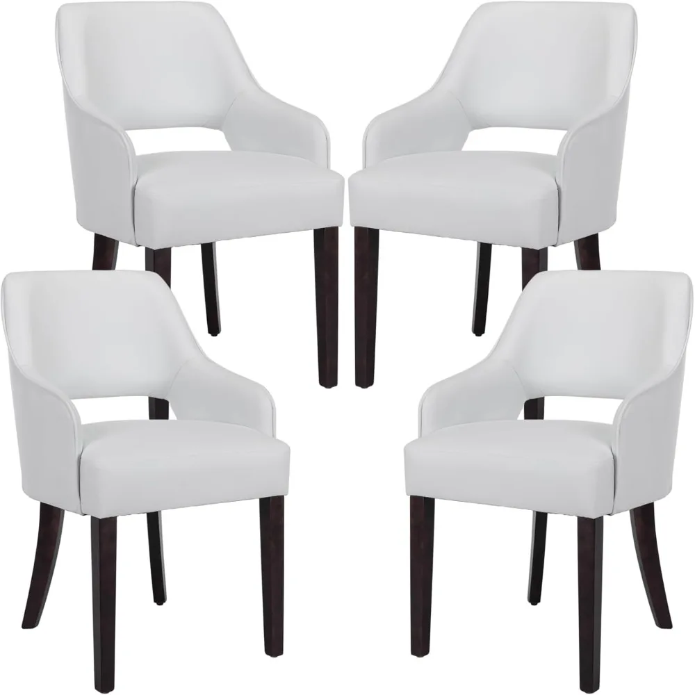 Modern Dining Chairs Set of 4 Upholstered Faux Leather Accent Side Chair with Mid Open Back & Wood Legs.