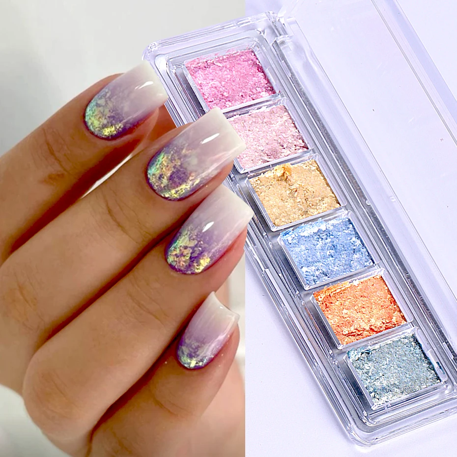 6 Grids Bright Bling Mud Solid Nail Pigment Crystal Aurora Opal Rubbing Dust Chrome Nail Glitter Korean Japanese Manicure Decor