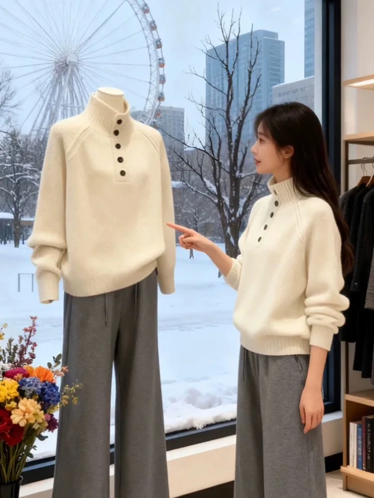 

Thiened High Collar Knitted Sweater Women's Autumn Winter Outerwear Soft Bear Velvet Cozy Fufu Long Sve Crew Ne Top