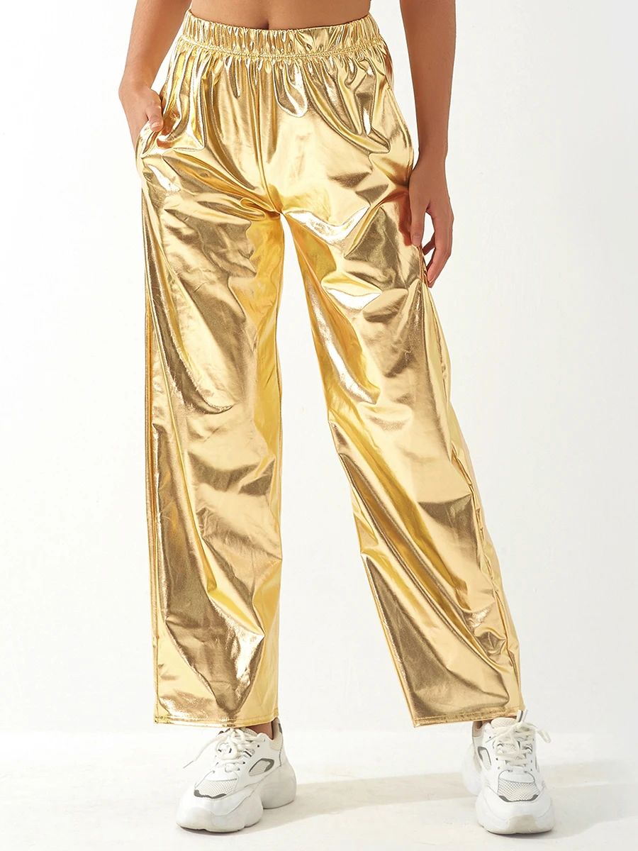 

Women Metallic Shiny Jogger Pants Casual High Waist Solid Palazzo Pants Loose Hip Hop Trousers Streetwear