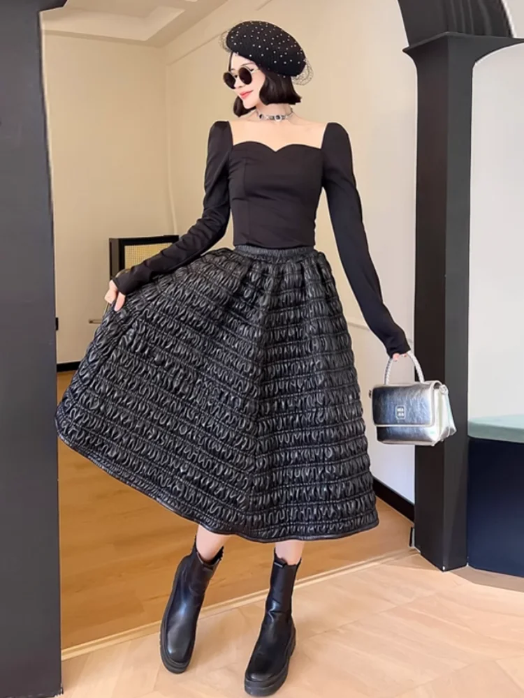 女性用ハイウエストプリーツボールガウン、ミッドロングシープスキン、本革スカート、エレガントなフレンチスタイル、パーティースカート、甘い女性、4XL