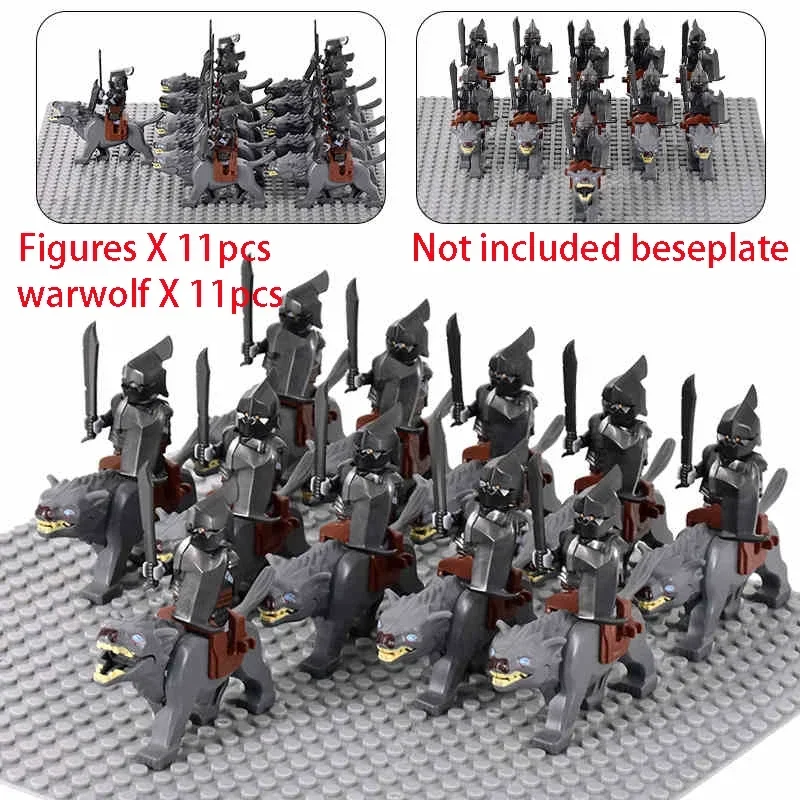 MOC Uruk-hai Orc Army Group Orcus Figures with Grey Wolf Mount Model Building Blocks LOTR Bricks Medieval Toys for Children gift