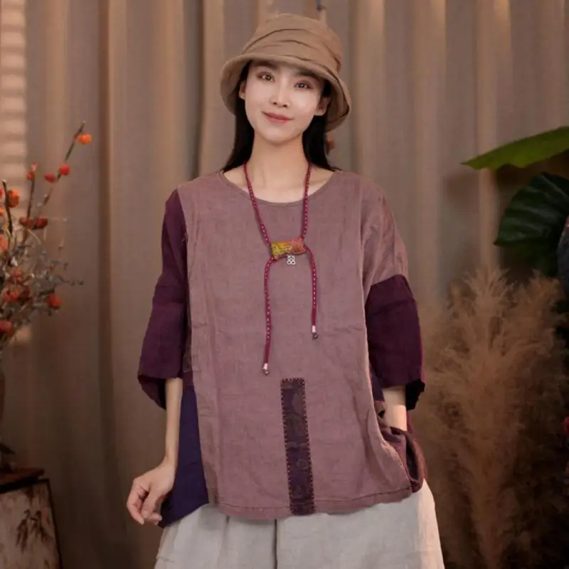 New Summer Arts Style Women Batwing Sleeve O-neck Loose Casual Tshirt Patch Design Cotton Linen Vintage Tee Shirt Femme Tops