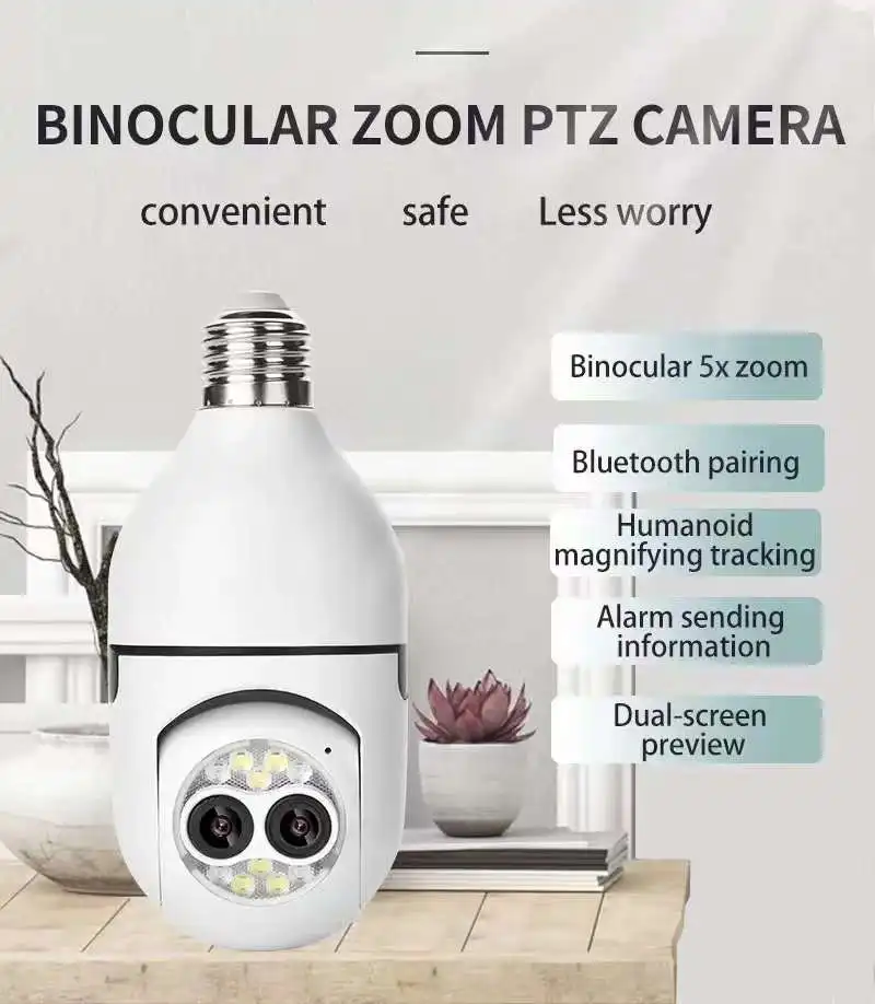4MP iCsee APP Dual Lens DC/E27 Lamp Head Socket 5X Zoom Wireless PTZ IP Dome Camera Bluetooth Quick Pair AI Humanoid Monitor