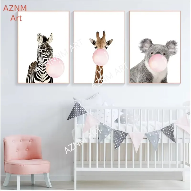 1/3pcs Bubble Chewing Gum Giraffe Zebra Animal Posters Canvas Art Painting Wall Art Decorative Picture Nordic Style Decor