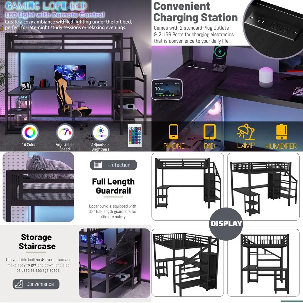 

Прочная металлическая кровать для взрослых с L-образным столом, лестницей, шкафом, регулируемыми полками, LED-подсветкой и USB-портами, черная, бесшумная