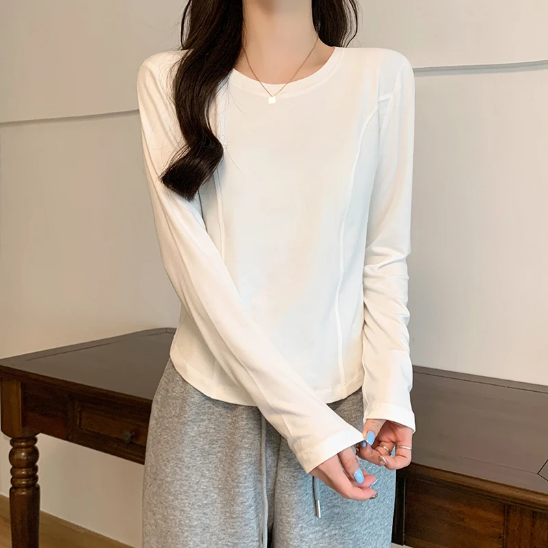 Women's Round-Neck Long-Sleeve Soft, Simple,Versatile Solid-Color Top With Asymmetrical Hem Panel Details