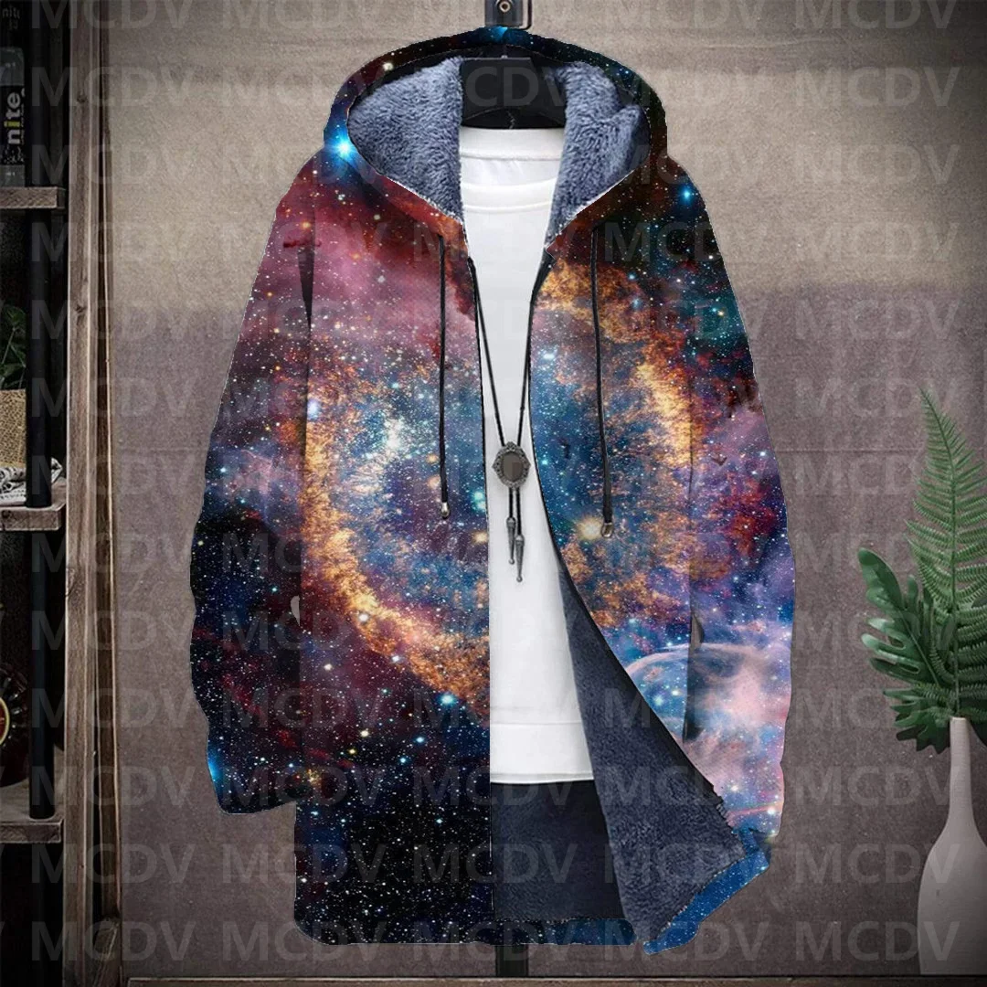 

Men's Retro Print Plush Thick Long-Sleeved Coat Cardigan Galaxy 3D Prined Fleece Hooded Overcoat Unisex Thick Warm Jacket