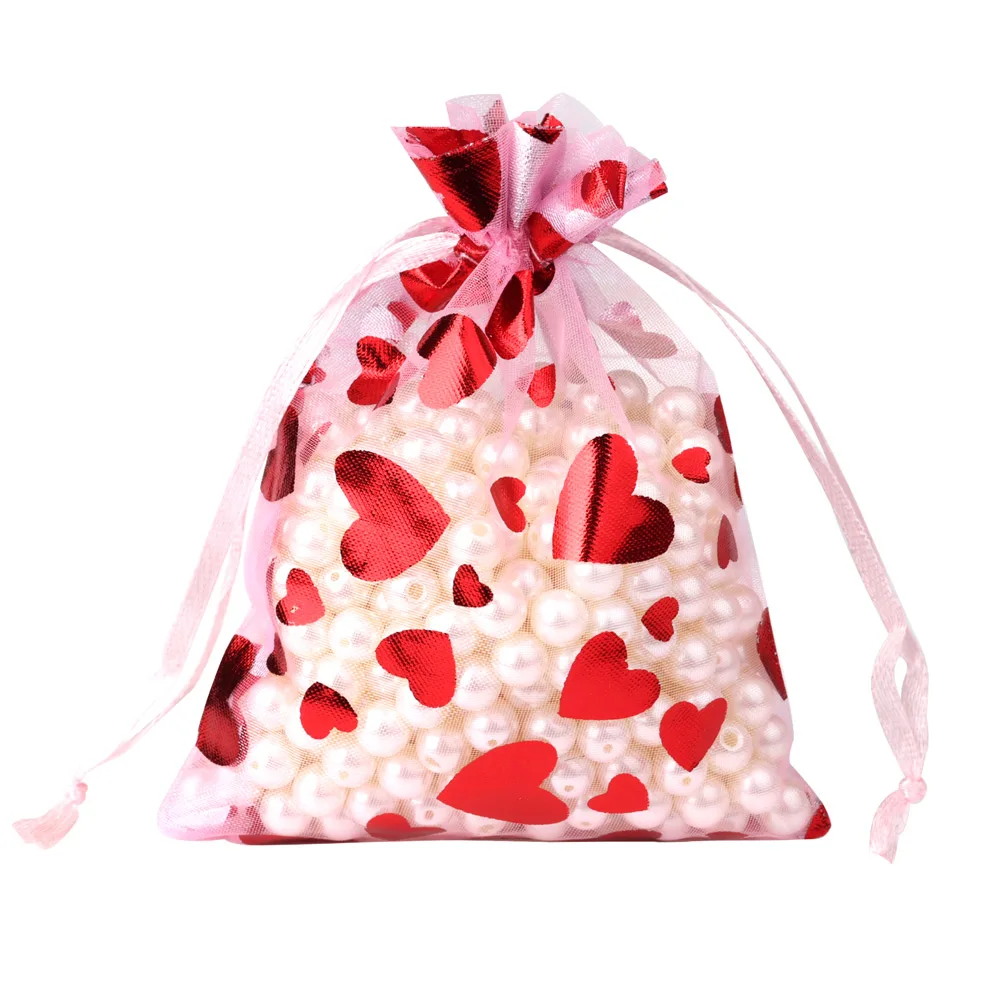 

50pcs/Lot 9x12cm Red Love Heart Organza Bag for Valentine's Day Couple Gift Pouch